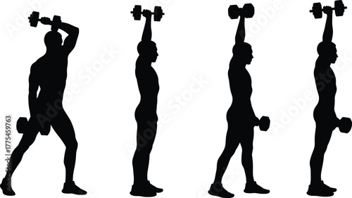 Dumbbell overhead exercises silhouettes, woman performing triceps