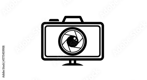 A black and white icon of a camera with a lens on a plain white background, simple line drawing.