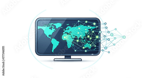 A computer monitor displays a world map with network connections on a white background with a dark screen and light blue accents.