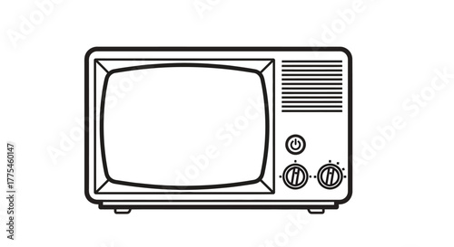 A simple line drawing of a vintage television set with dials and vents on a white background.