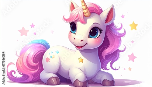 Cute cartoon character happy magic unicorn on white
