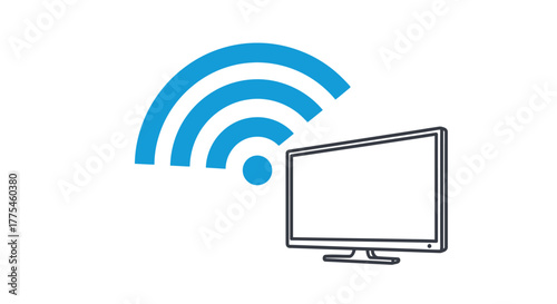 Line drawing of a television with a blue WiFi symbol emitting from the top left corner on a white background.