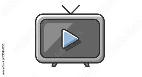 Gray television with a play button on the screen against a white background in a simple graphic style.