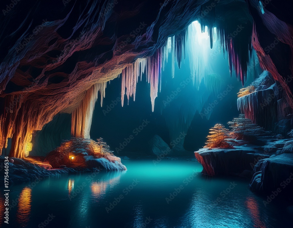 Fototapeta premium a dark moody cave interior with stalactites stalagmites and an underground lake