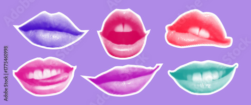Collection of Expressive Gradient Lips Stickers. Multicolor Various Expressions of Lips in style y2k brutalism pixel on  the lavender background