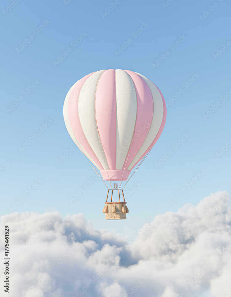 Fototapeta premium A vibrant hot air balloon floats gracefully above fluffy clouds under a clear blue sky, creating a serene and picturesque scene.