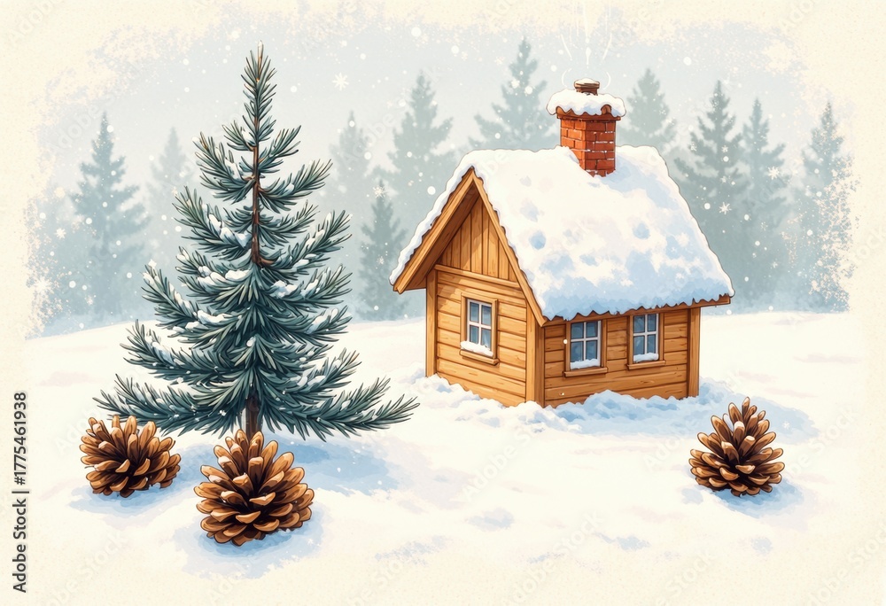 Fototapeta premium Cozy wooden house covered in snow, surrounded by pine trees and cones