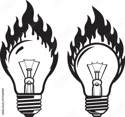 Two black silhouette light bulbs ignited with flames on a white background