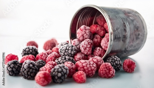 frozen raspberries and blackberries are scattered from a spilled container fresh frozen fruit concept