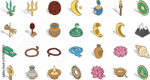 Collection of Hindu Religious Symbols and Deities Icons Set.
