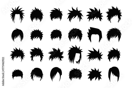 Collection of black silhouettes of different hairstyle designs for men, with various spiky, short, and edgy haircut styles