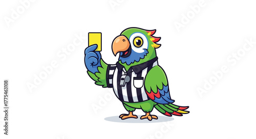 Cartoon parrot referee holding up a yellow card, signaling a foul in a game.