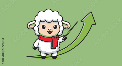 Cartoon sheep with red scarf pointing to an upward trending green arrow on a green background.