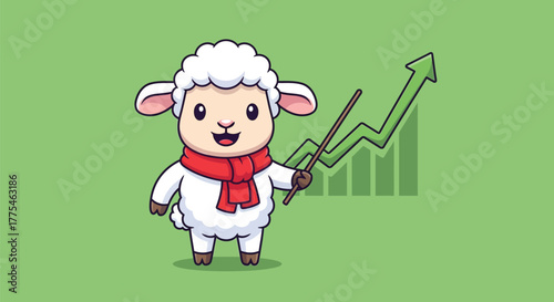 Cute cartoon sheep wearing a red scarf pointing at an upward-trending bar graph, symbolizing growth and success.