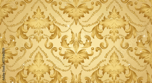 Elegant gold damask pattern featuring baroque flourishes and beaded garlands, suitable for luxury