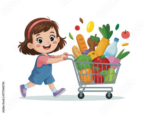Happy cartoon girl pushing a full grocery cart with healthy food