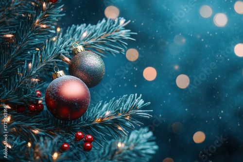 Decorated Christmas tree with red and silver baubles, berries and garlands on blurred blue background with bokeh. Creates atmosphere of winter magic and holiday coziness. Copy space