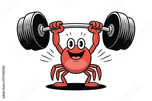Cartoon crab character lifting weights in gym