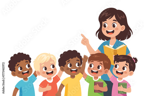 Happy diverse children raising hands to answer teacher s question