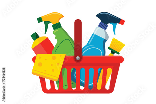 Red shopping basket filled with cleaning supplies and tools