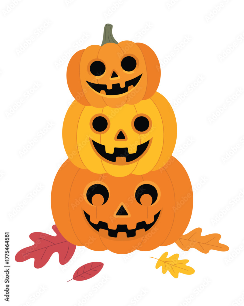 Fototapeta premium Stack of three carved halloween pumpkins with smiling faces and autumn leaves