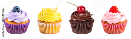 Wallpaper Mural Four colorful frosted cupcakes with sprinkles and a cherry on top against a black background Torontodigital.ca