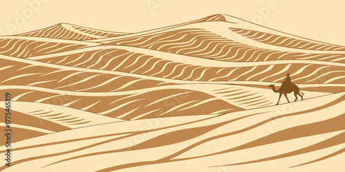 A lone camel and rider traverse the undulating sand dunes of a vast desert landscape illustration