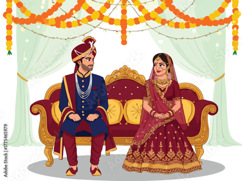 Indian bride and groom in traditional wedding attire sitting together.