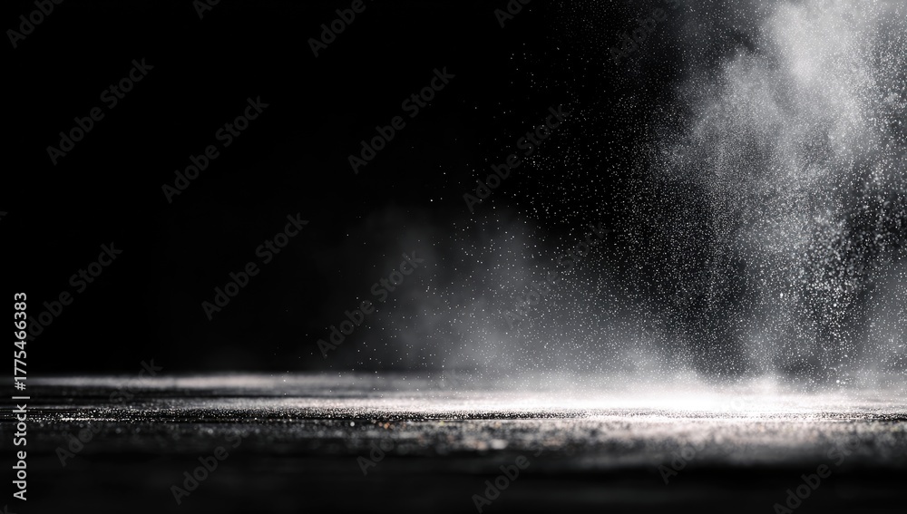 Fototapeta premium White powder rising from ground with dark background, dramatic lighting