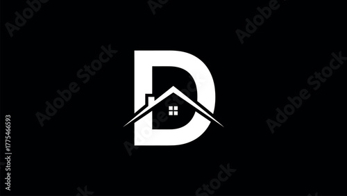 White letter D with house roof and windows logo alphabet