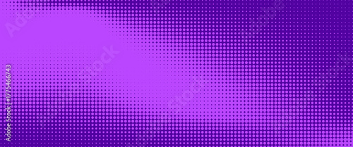 Purple halftone pattern. Retro comic gradient background. Violet pixelated dotted texture overlay. Cartoon pop art faded gradient pattern. Vector backdrop for poster, banner, advertisement