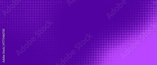 Purple halftone pattern. Retro comic gradient background. Violet pixelated dotted texture overlay. Cartoon pop art faded gradient pattern. Vector backdrop for poster, banner, advertisement