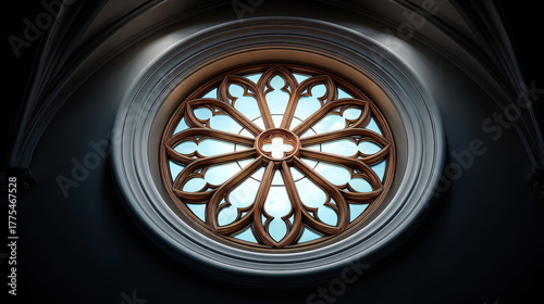 An elaborate rose window in a cathedral reveals a bright sky, showcasing the intricate architectural details and craftsmanship of the historic building interior.