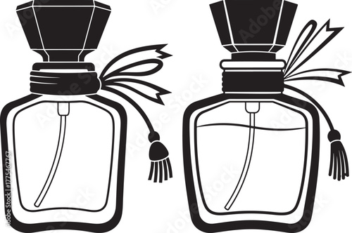 Two elegant perfume bottles with bows and tassels in a striking silhouette