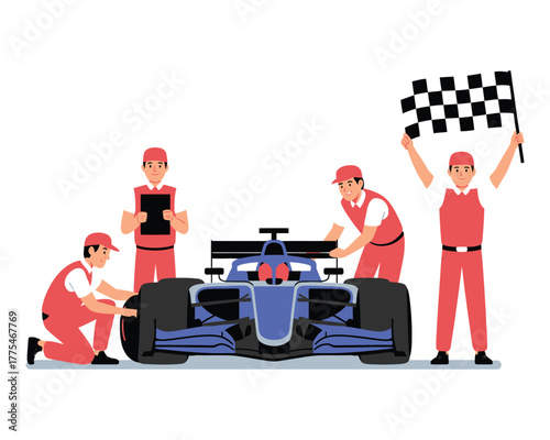 Race car victory illustration, flat vector art depicting a pit crew celebrating a winning race car, motorsport success scene showcasing teamwork, competition, and championship achievement for sports 