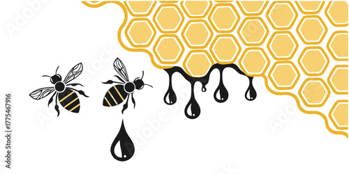 Honey dripping from honeycomb with two bees vector illustration