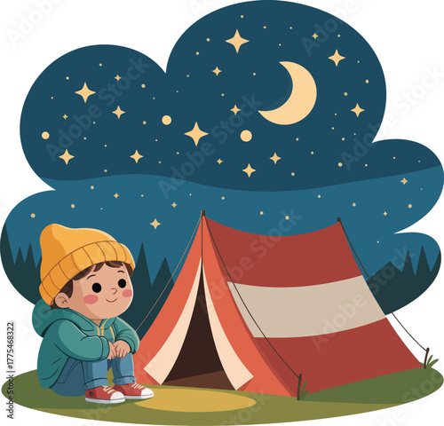 Serene night camping adventure with a child by a tent under the stars