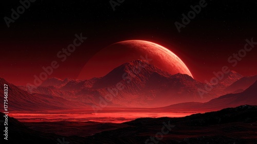 Dramatic red landscape with celestial body and mountain range