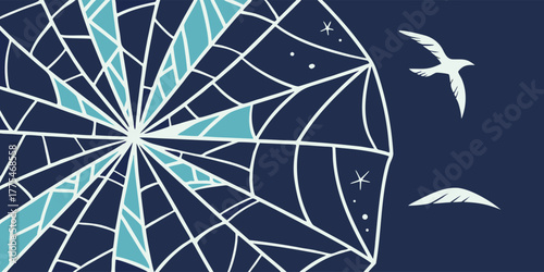 Abstract nautical illustration featuring a compass rose, seagulls, and stars against a dark blue background