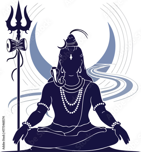 Lord Shiva Meditating with Trishul and Crescent Moon.