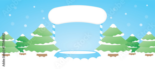 cute winter tree scene with podium display and  signage 3d illustration vector for putting object or product