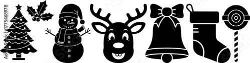 Christmas holiday silhouettes icons set with tree snowman reindeer bell stocking and ornament for festive seasonal design