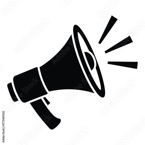 Illustration of a black megaphone icon emitting sound waves, symbolizing announcement, promotion, and communication in a simple graphic representation, vector art.
