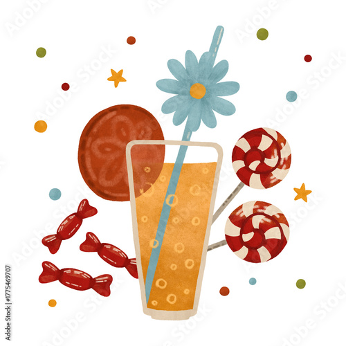 Festive watercolor composition in autumn colors: lemonade, candy, lollipop, confetti. For design in printing, children's prints, and decorations