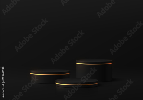 3D black round product podium background with empty space scene. Black Friday theme. Abstract geometric composition minimalist design. studio display showroom pedestal, Fashion stage showcases mockup.