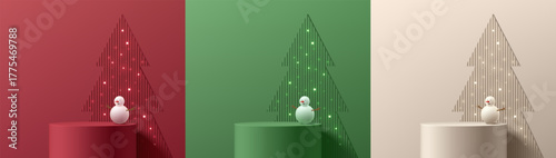 Set of 3D green, red, cream product podium with Christmas tree, Snowman background. Abstract composition in minimalist design. Studio display showroom stands pedestal, Fashion stage showcases mockup.