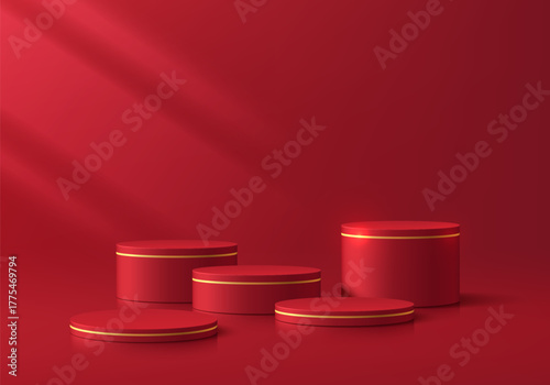 3D red round product podium set background with empty space scene. Merry Christmas. Abstract composition in minimalist design. Studio display showroom stands pedestal, Fashion stage showcases mockup.