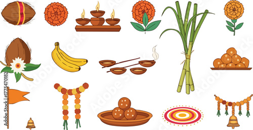 Hindu Festival Elements Collection Diwali Pongal and Ugadi Celebration Items.