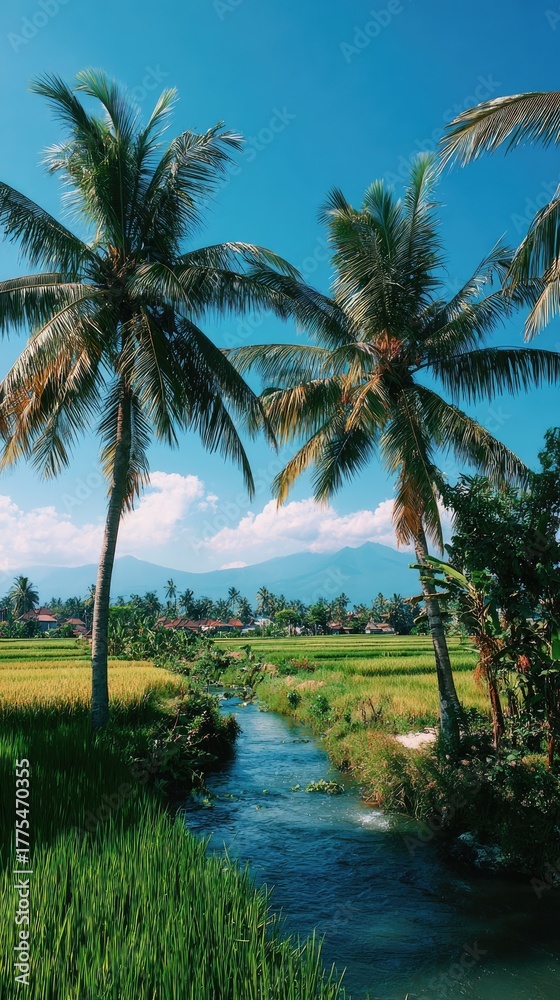 Obraz premium Lush tropical scene palm trees, rice paddies, stream, mountains, and clear blue sky