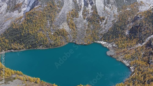 Aerial Drone Footage of Jiayilacuo Lake in Dangling, Sichuan, China Blue Alpine Lake with Autumn Forest